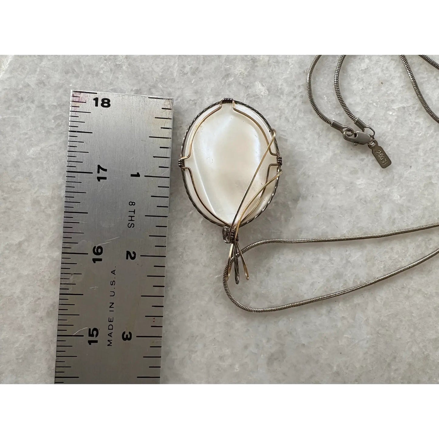 Sterling Silver and Gold Wire Over Mother of Pearl Pendant Necklace
