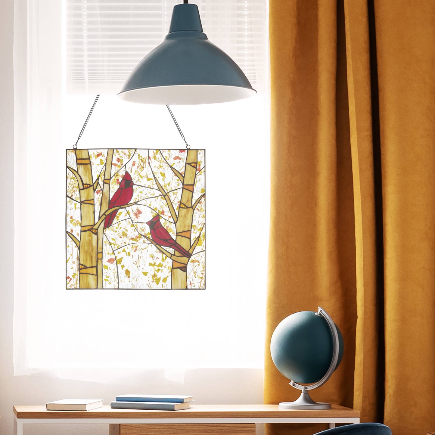 Vidrio emplomado - Panel de ventana Cardenales rojos del Edén en otoño de 14" de alto