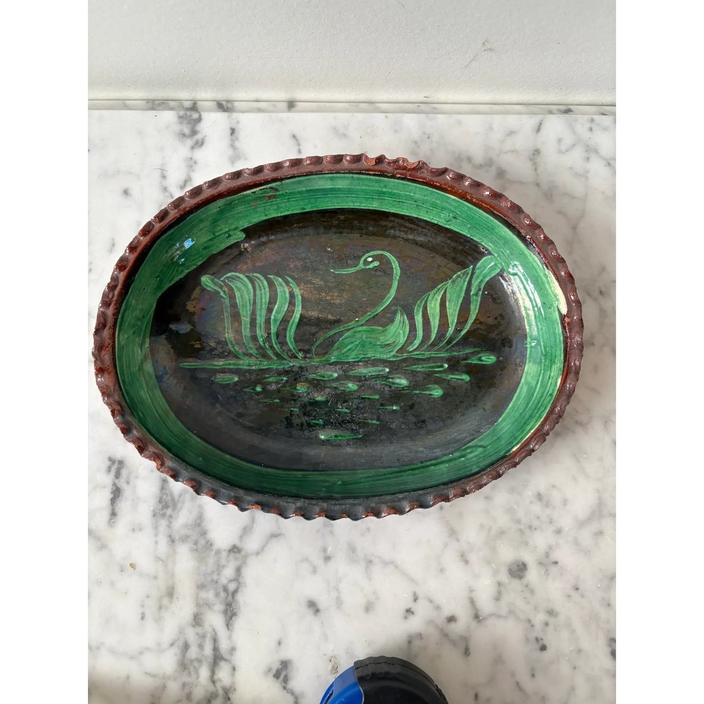 1930s Patamban Michoacan, Mexico Green Glaze Redware Pottery Platter. Handpainted Swan Oval Design
