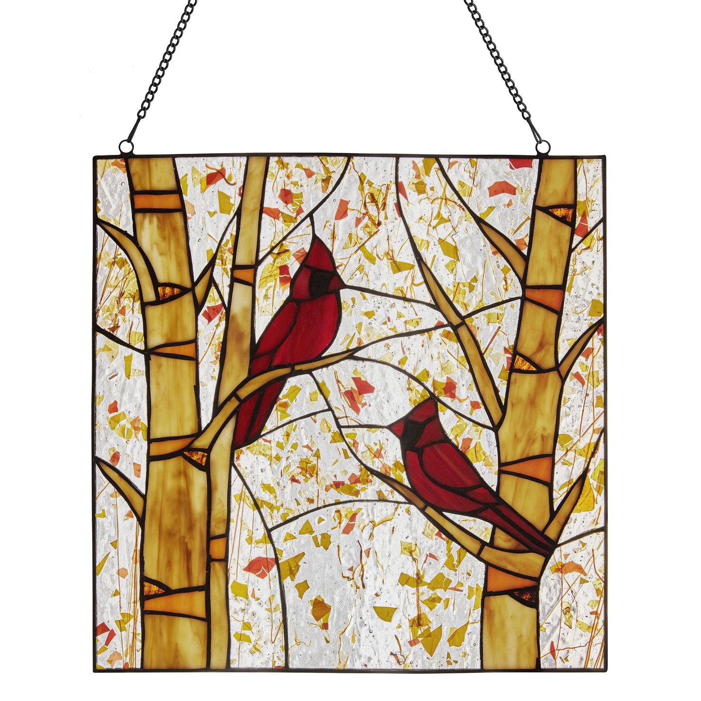 Vidrio emplomado - Panel de ventana Cardenales rojos del Edén en otoño de 14" de alto