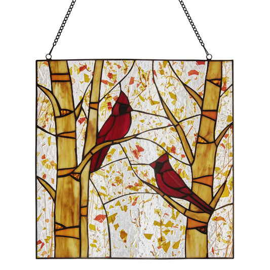 Vidrio emplomado - Panel de ventana Cardenales rojos del Edén en otoño de 14" de alto