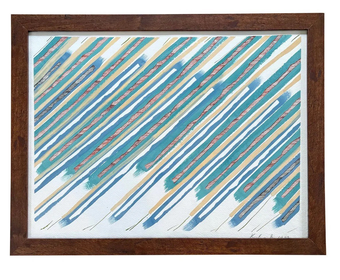 Barbara Beck 1990 Framed Abstract Painting on Paper in Dark Wood Frame