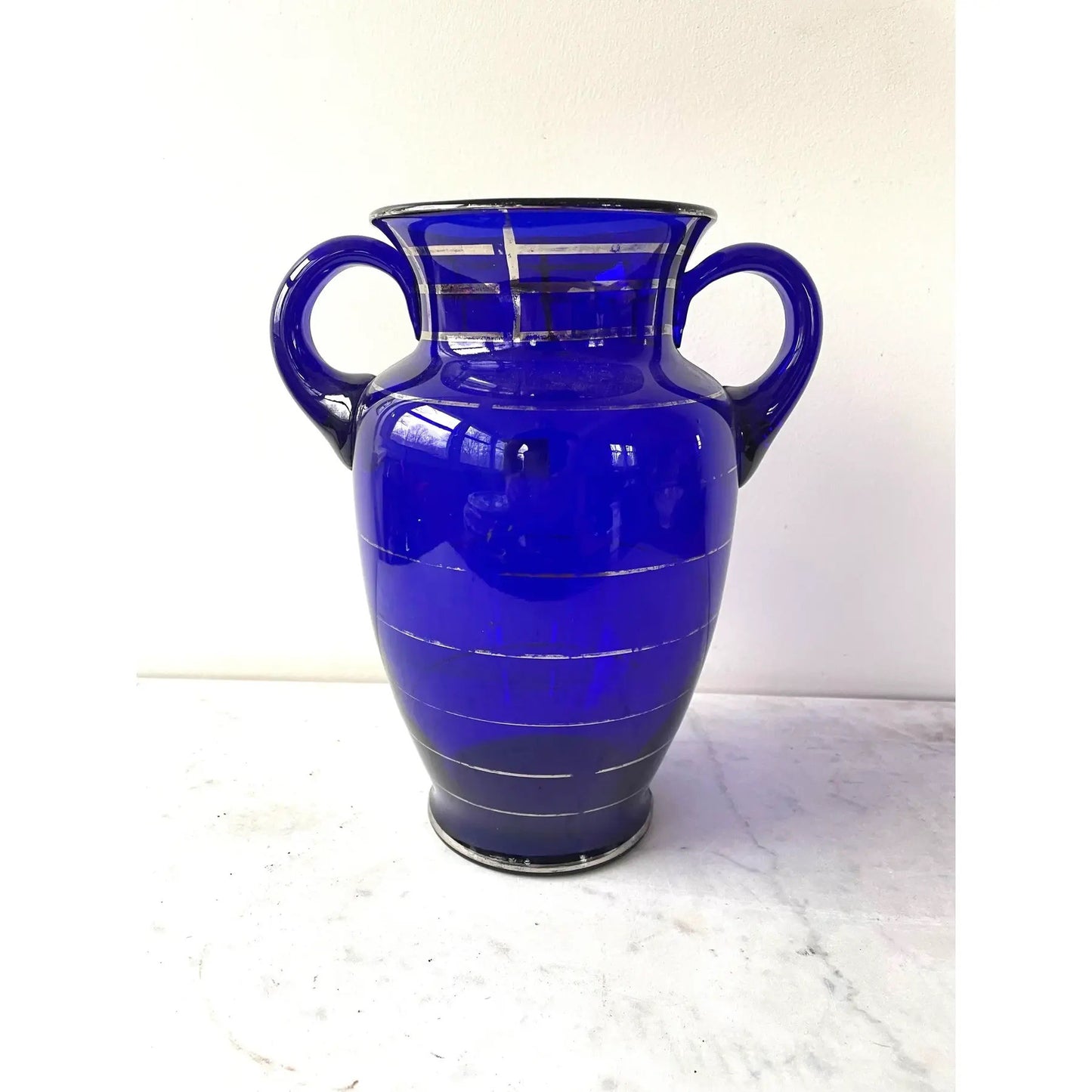 Antique Cobalt Blue Glass and Silver Urn Vase