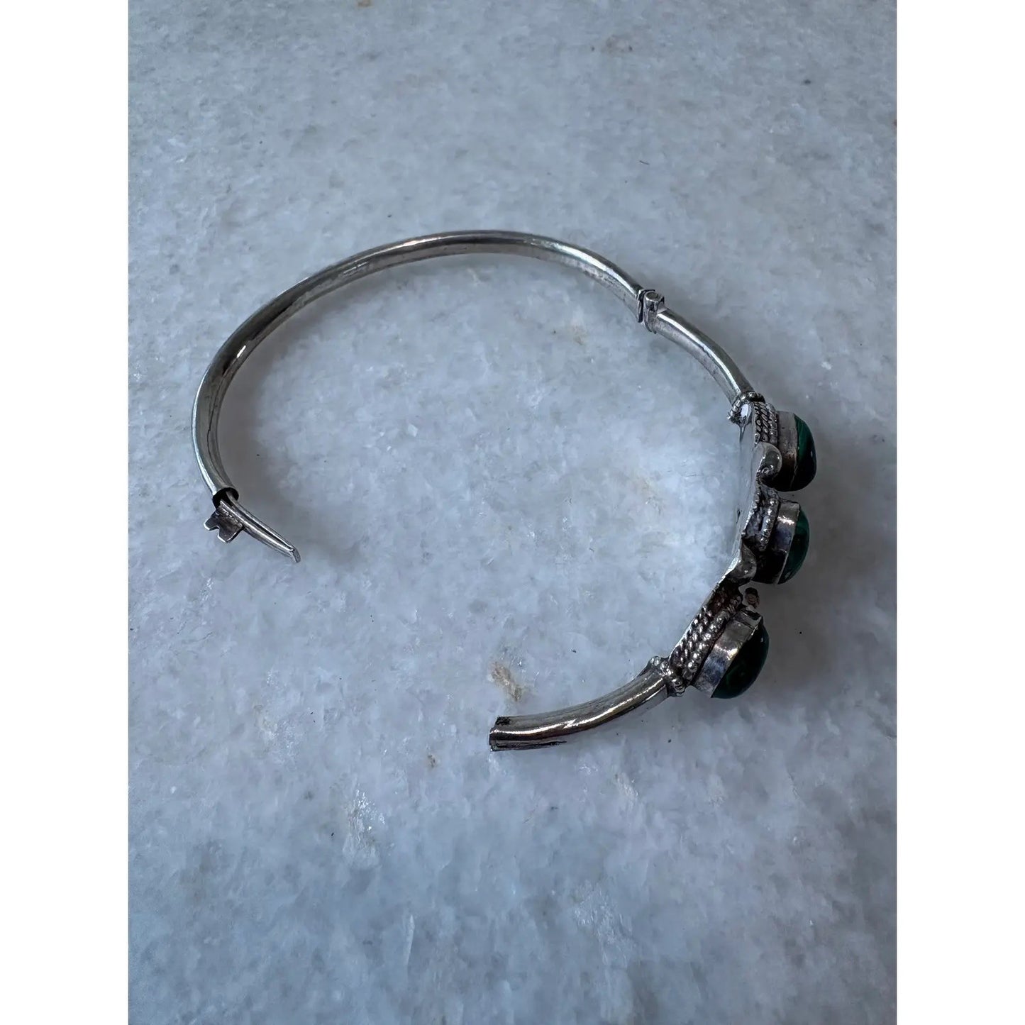 Sterling Silver and Malachite Handed Bangle Bracelet With Clasp