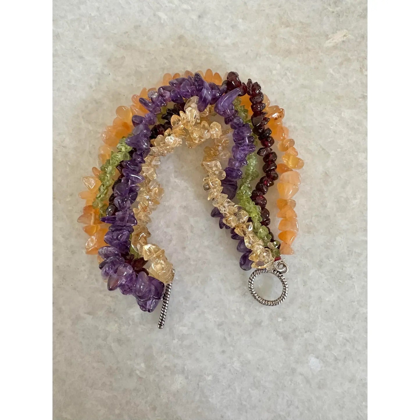 Vintage Multi Strand Beaded Bracelet With Amethyst, Carnelian Citrine Peridot, and Garnet - Sterling Silver Clasp