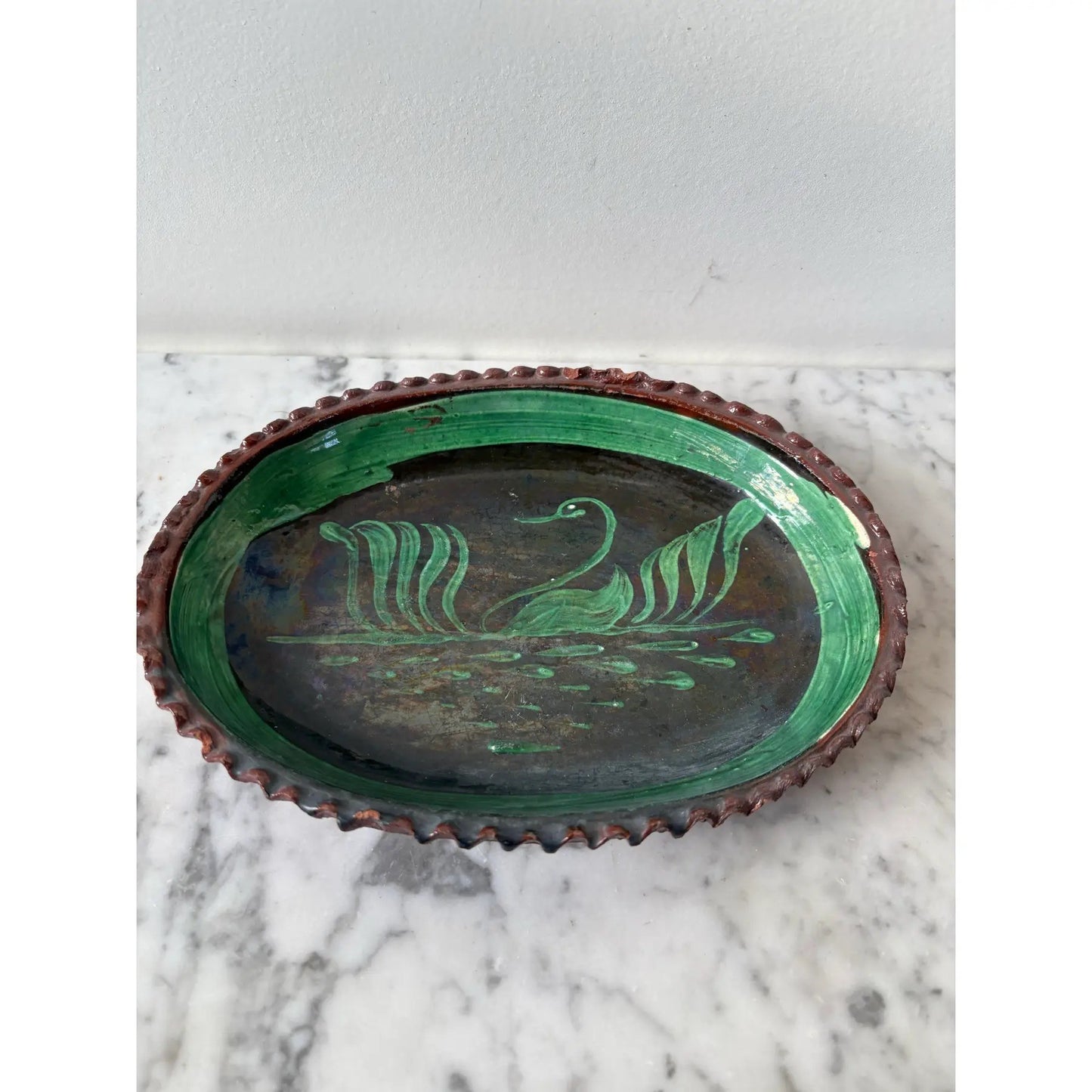 1930s Patamban Michoacan, Mexico Green Glaze Redware Pottery Platter. Handpainted Swan Oval Design