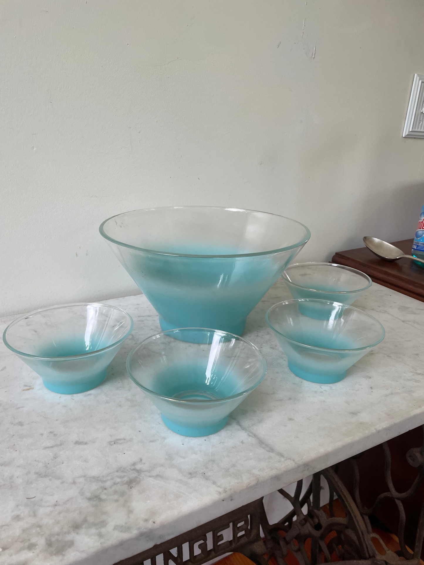 Mid Century Blendo Ombré Turquoise Glass Serving Bowl With 4 Small Side Bowls