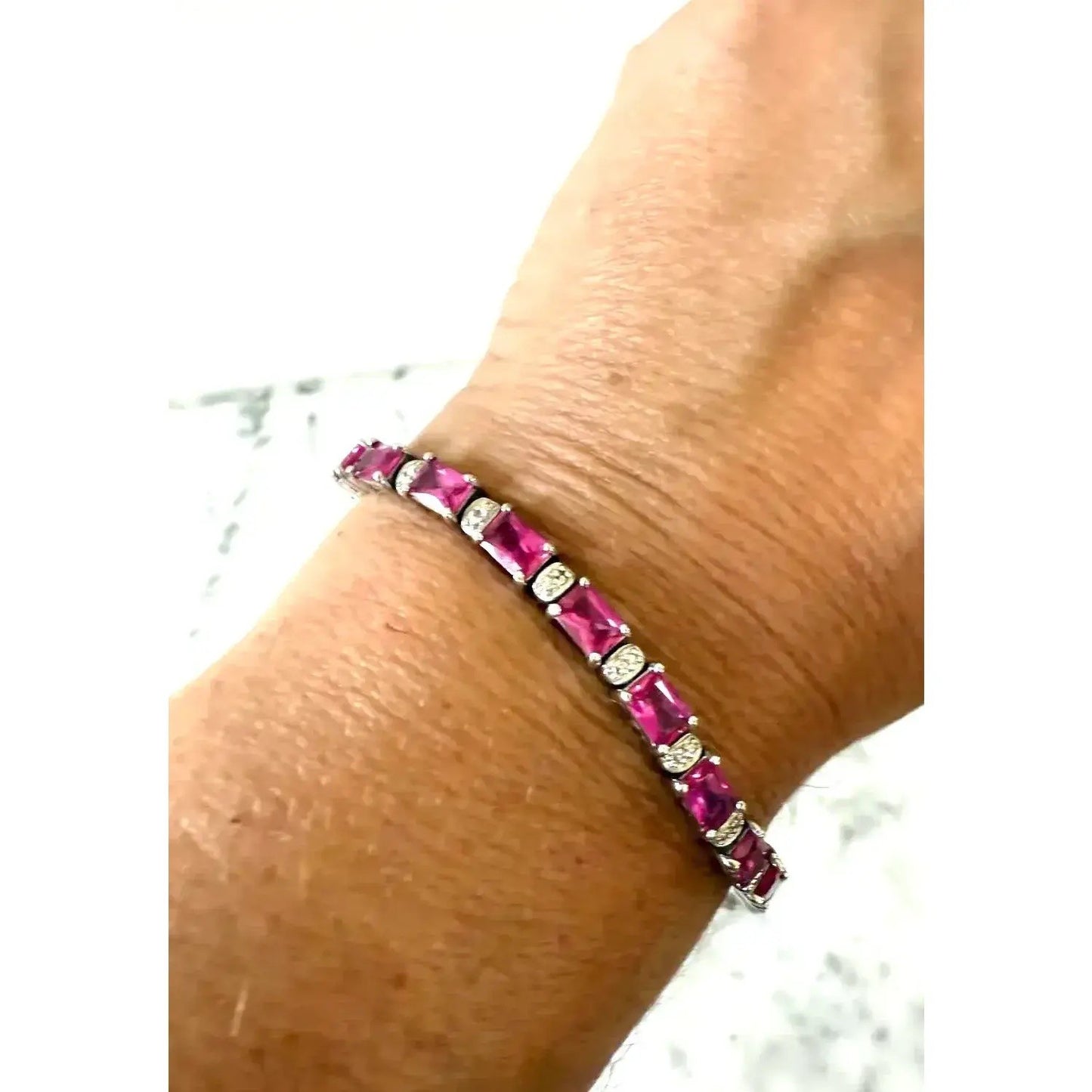 Vivid Pink Tourmaline Sterling Silver Tennis Bracelet