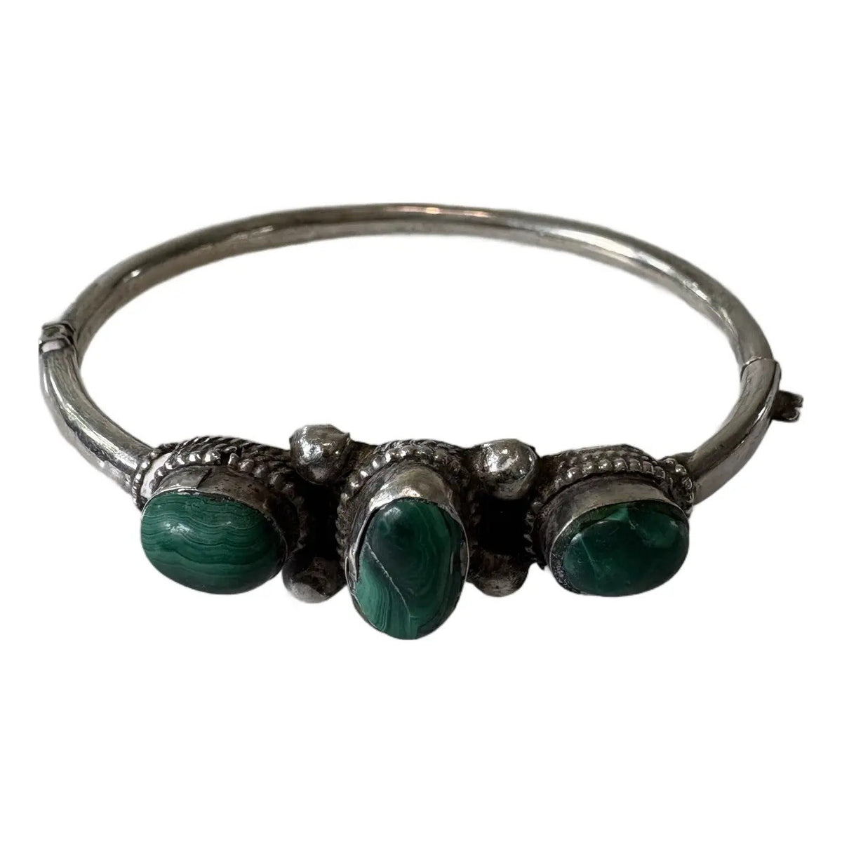 Sterling Silver and Malachite Handed Bangle Bracelet With Clasp