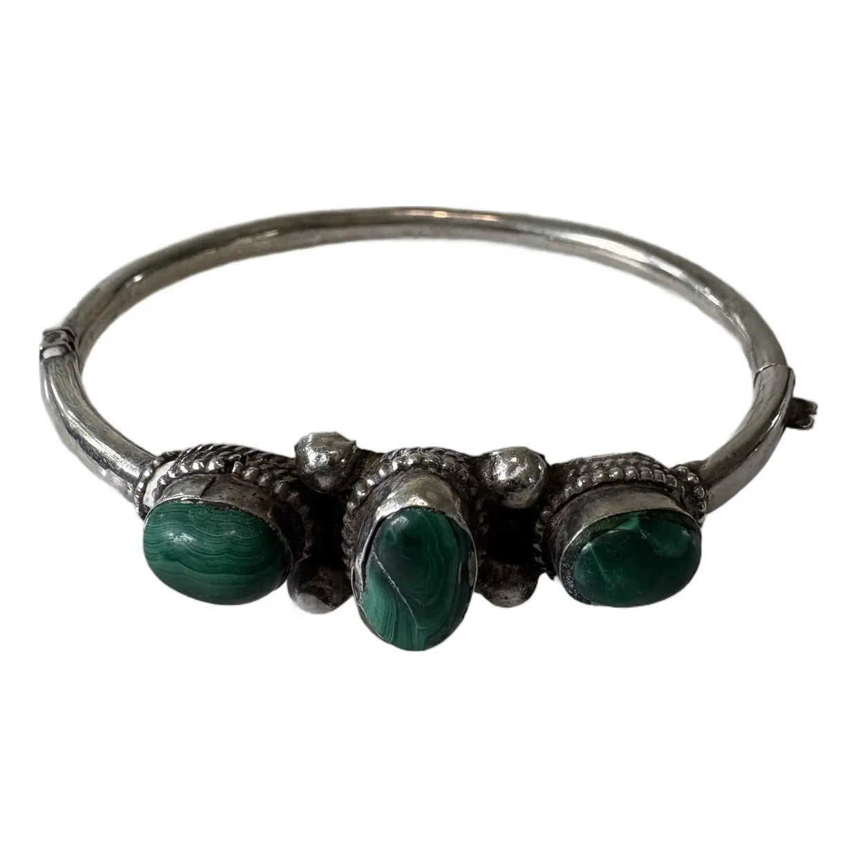 Sterling Silver and Malachite Handed Bangle Bracelet With Clasp