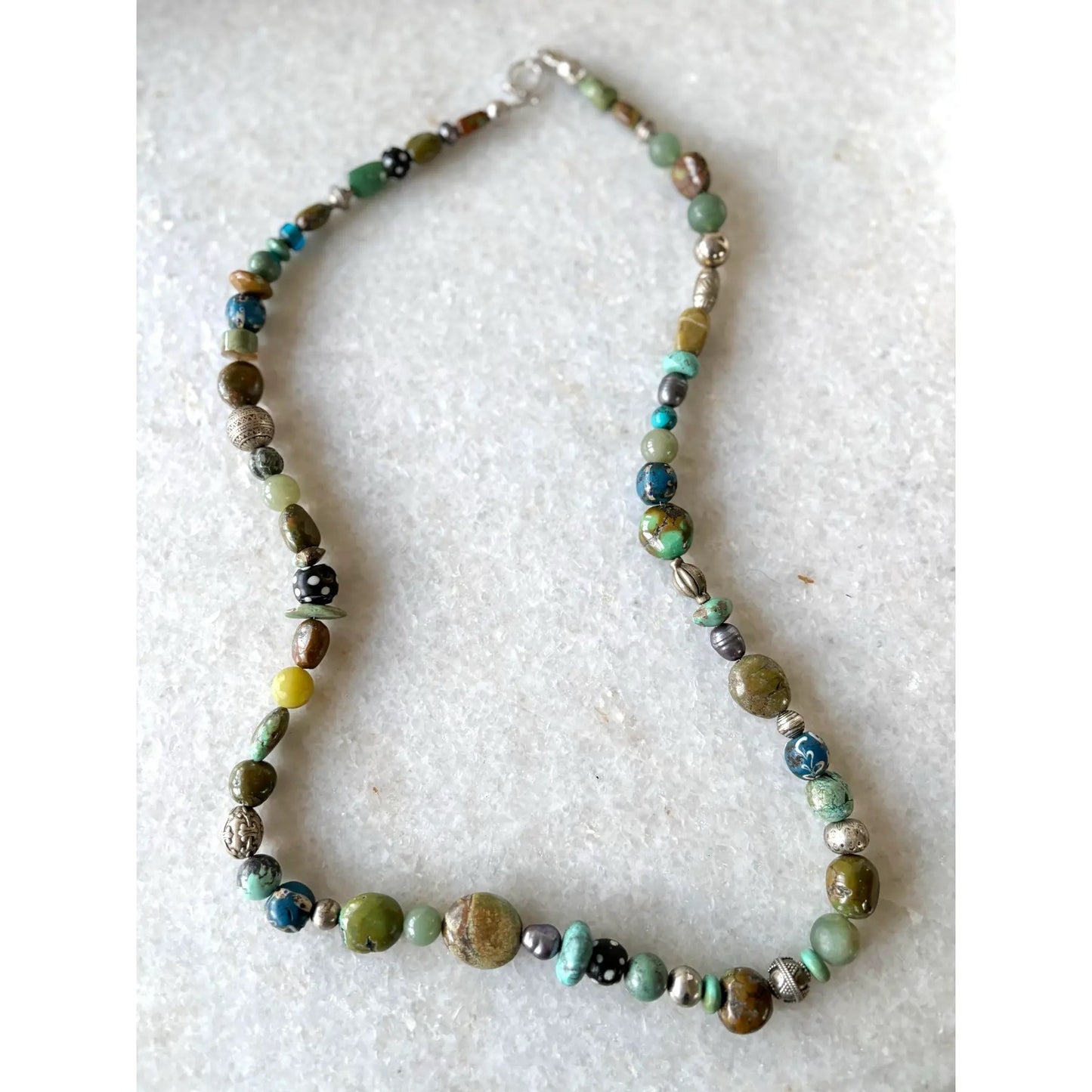 Rare Beaded Necklace of Tibetan Turquoise Silver African Trade Beads, Jade