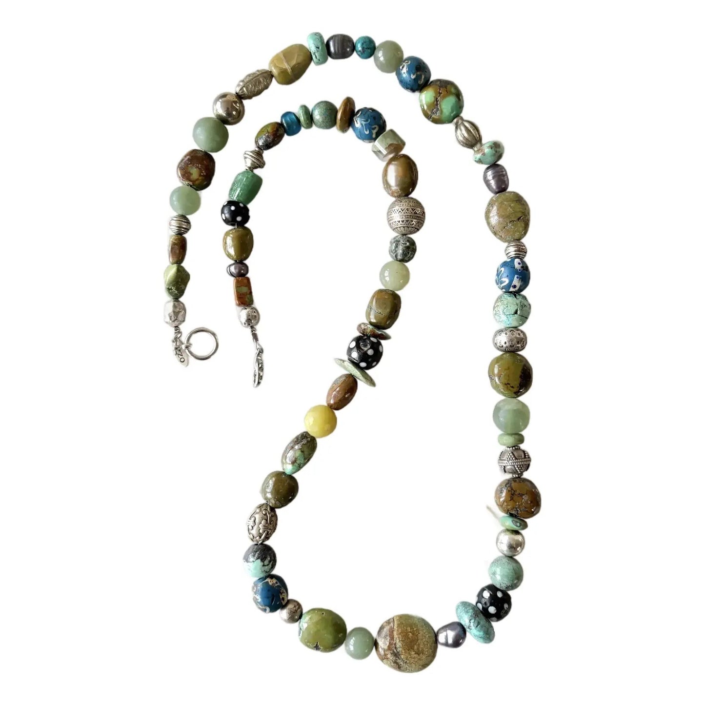 Rare Beaded Necklace of Tibetan Turquoise Silver African Trade Beads, Jade