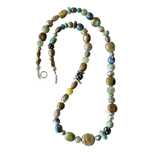 Rare Beaded Necklace of Tibetan Turquoise Silver African Trade Beads, Jade