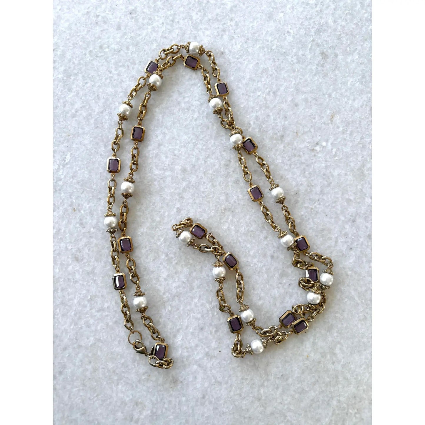 Amethyst, Pearl, and Brass Link and Chain Necklace