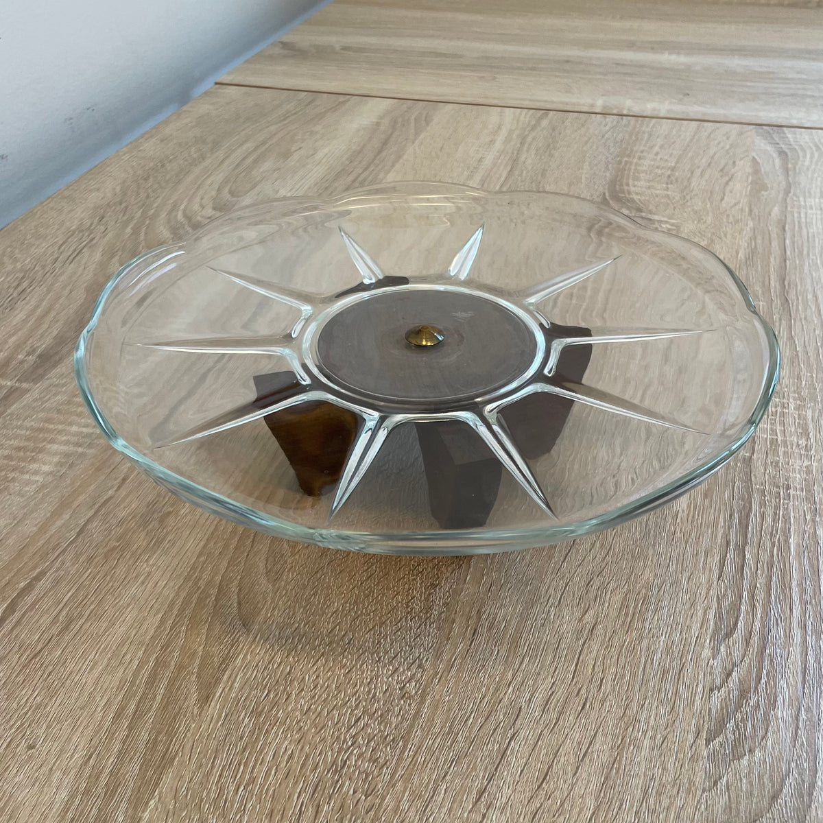 Amazing 1970s Glass and Wood Rotating Cake Stand