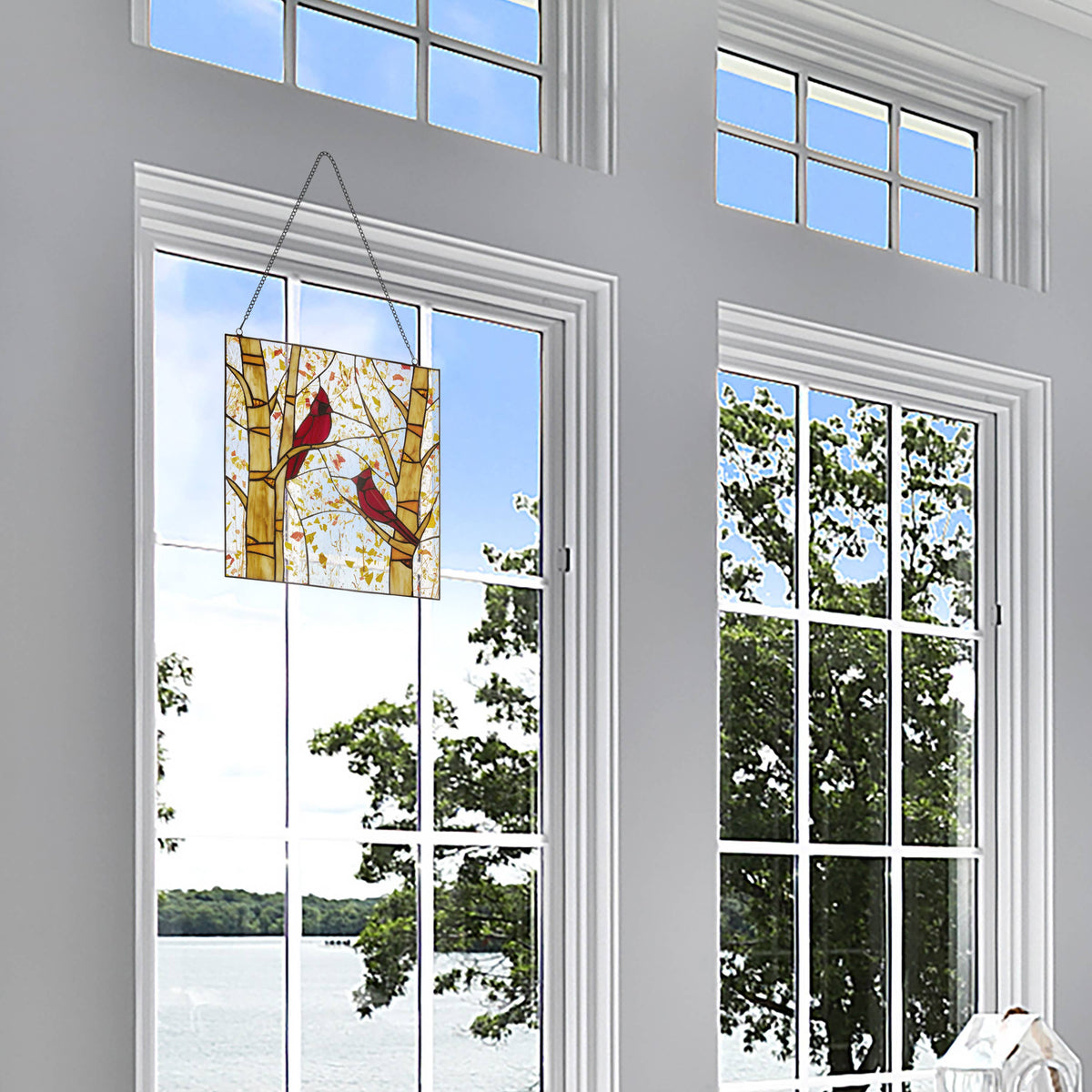 Stained Glass- Eden Red Cardinals in Autumn Window Panel 14"H