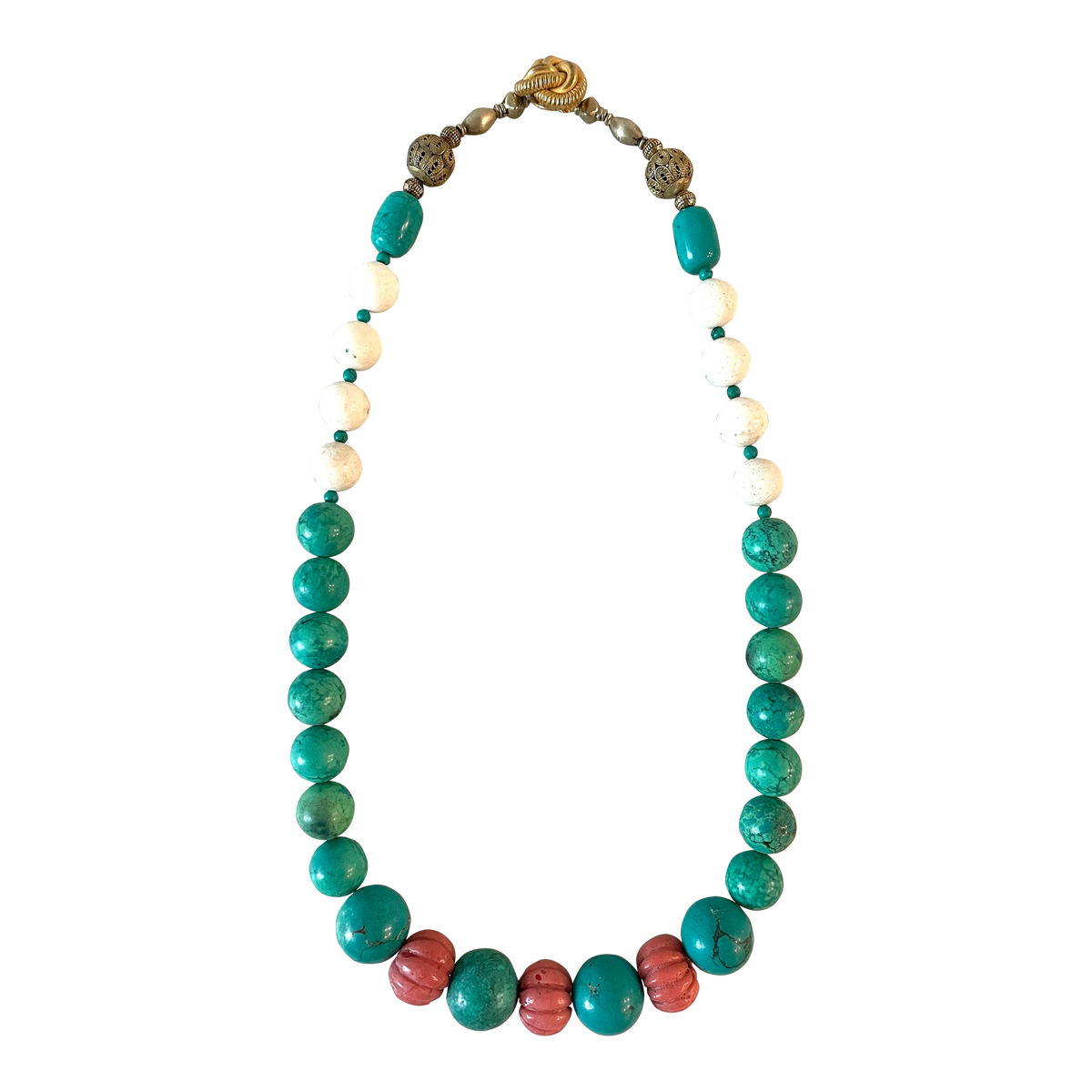 Turquoise and Antique Carved Coral Necklace by Matthew Izzo
