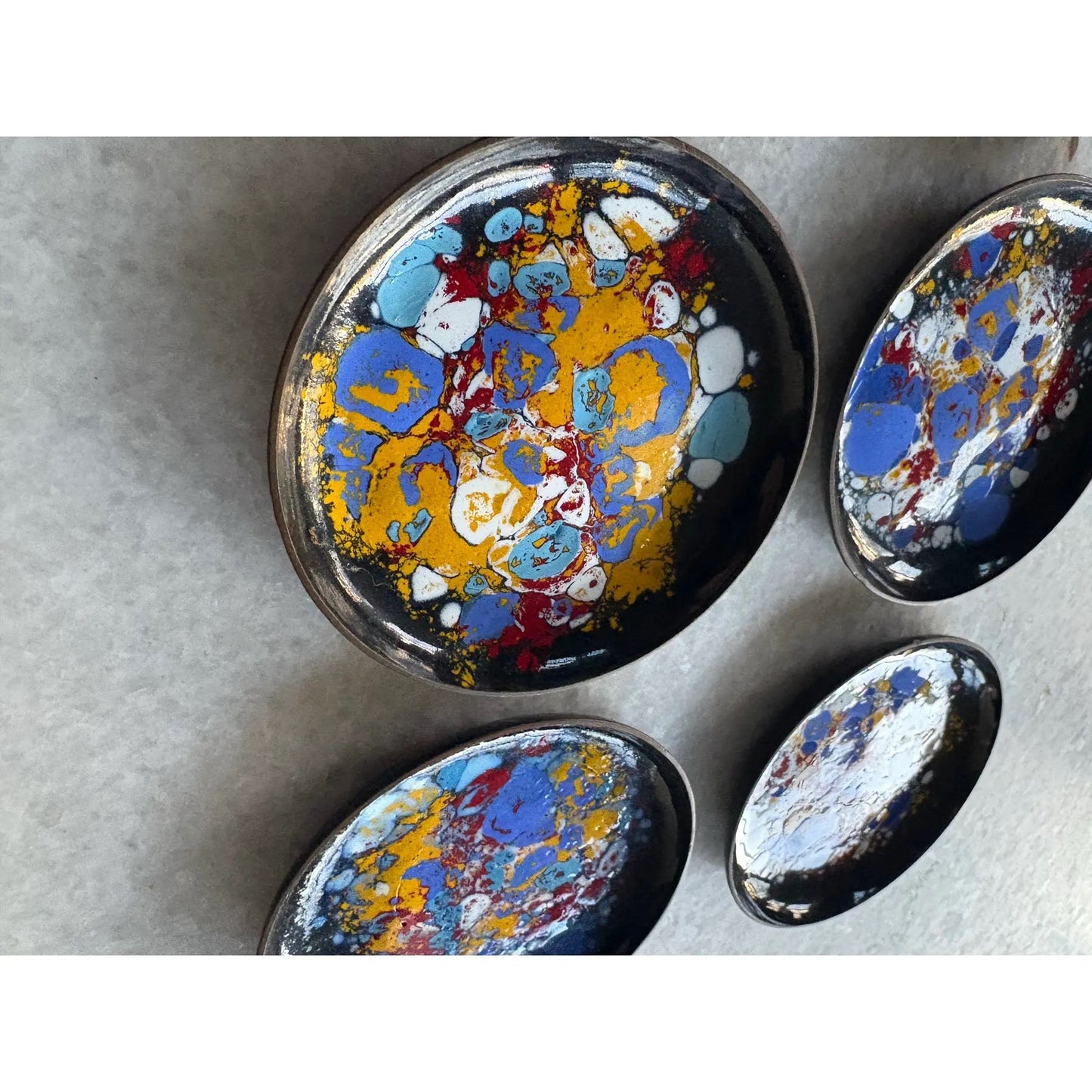 1970s MCM Copper With Enamel Painted Design Coasters, Set of 6