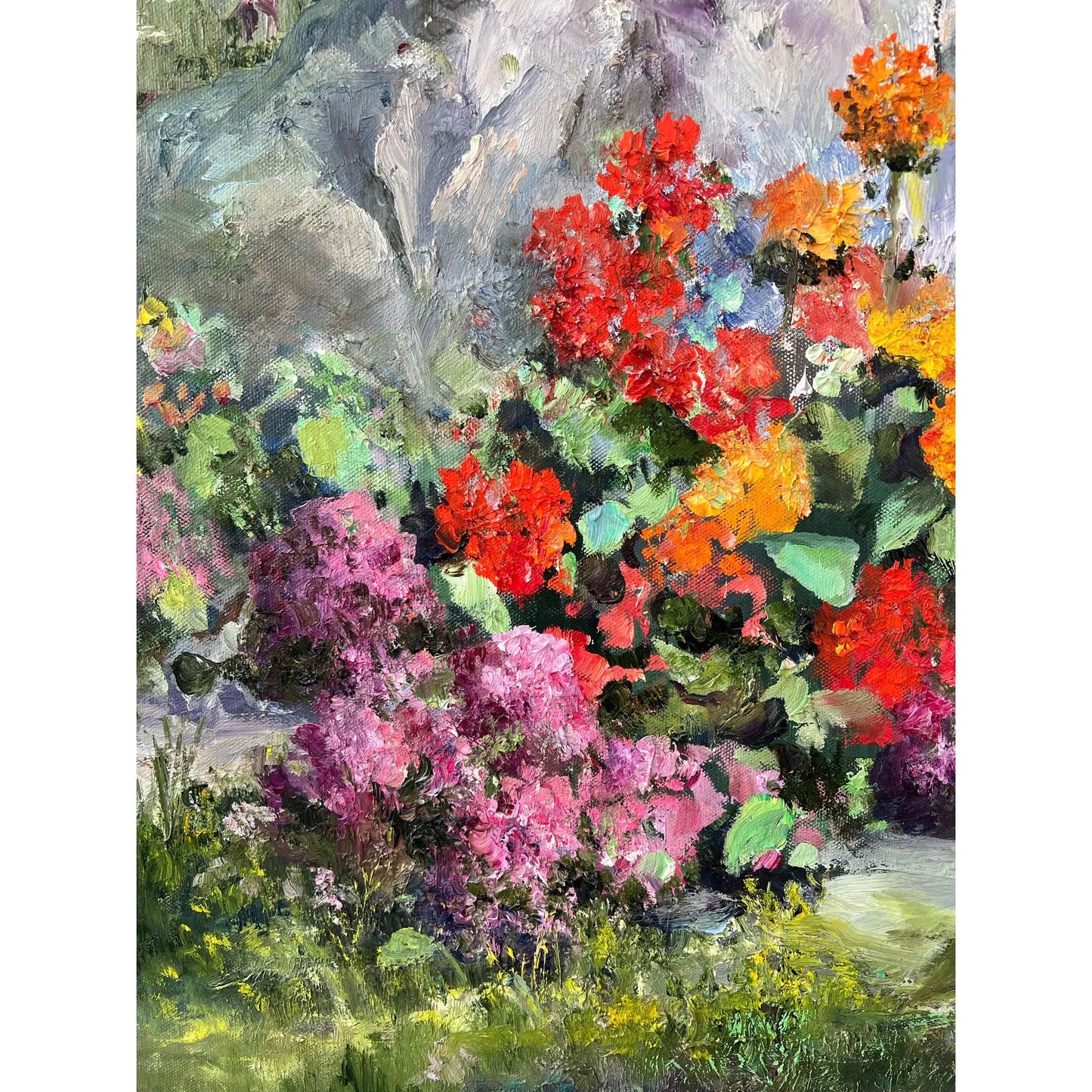 Floral Rock by Dorothy Fanizzi, 20th Century Oil Painting on Canvas, Framed