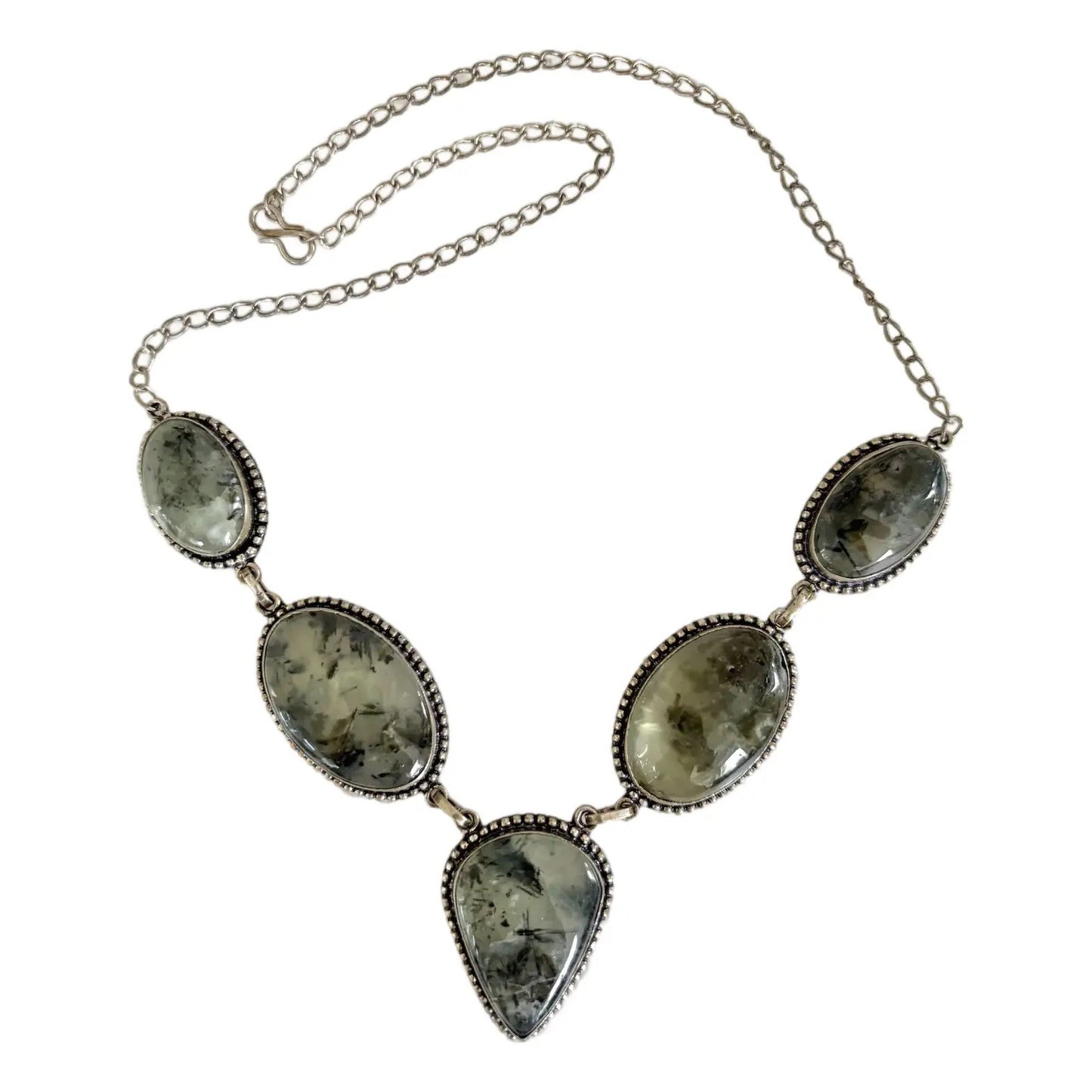 Vintage 1990s Prehnite and Sterling Silver Bib Necklace