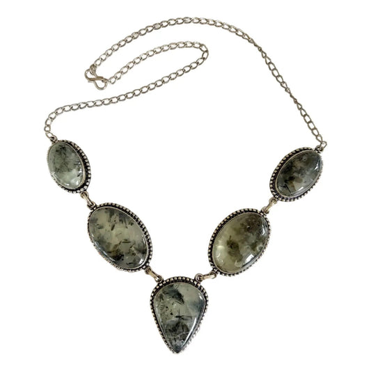Vintage 1990s Prehnite and Sterling Silver Bib Necklace
