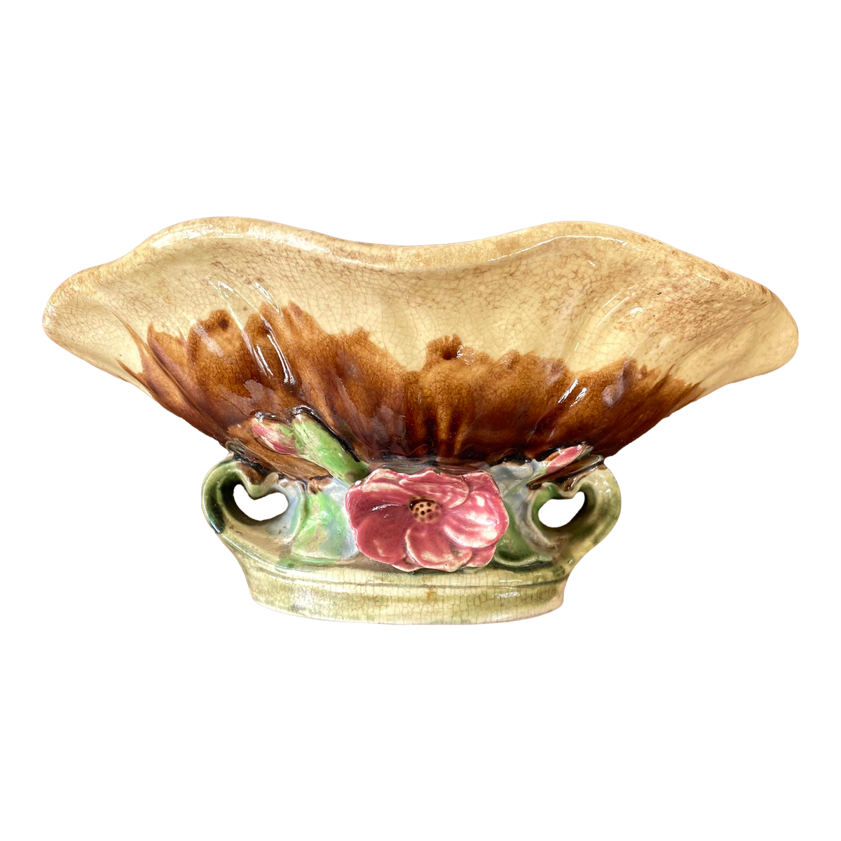 Vintage Majolica Seashell Pedestal Bowl With Flower Base