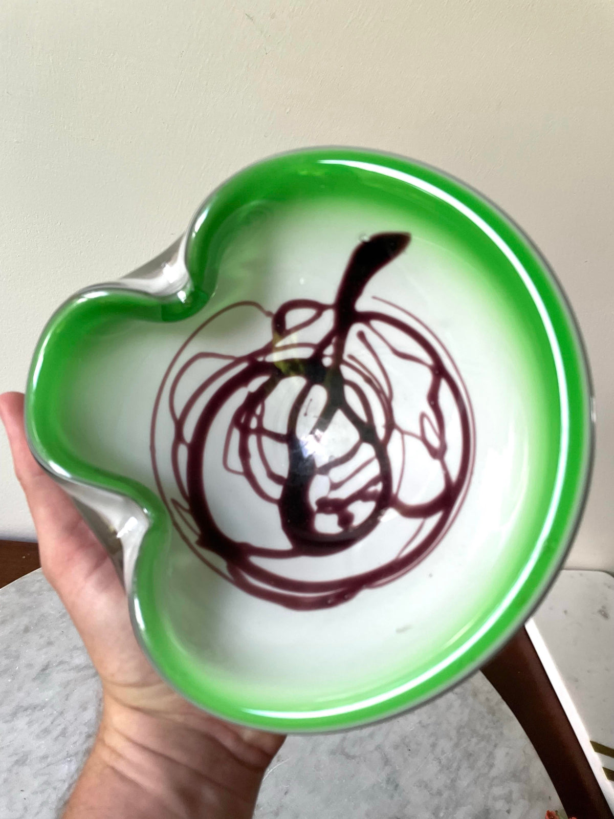 1950s Frattelli Toso Murano Glass Green Brown Swirl Design Bowl