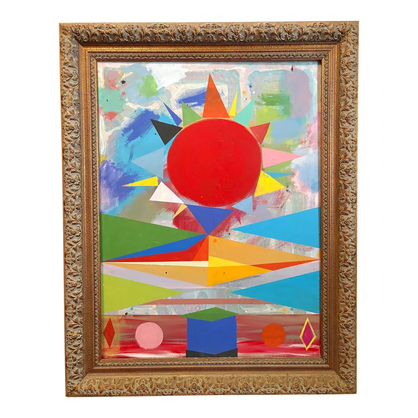 Vintage Acrylic Abstract Painting on Canvas in Ornate Frame