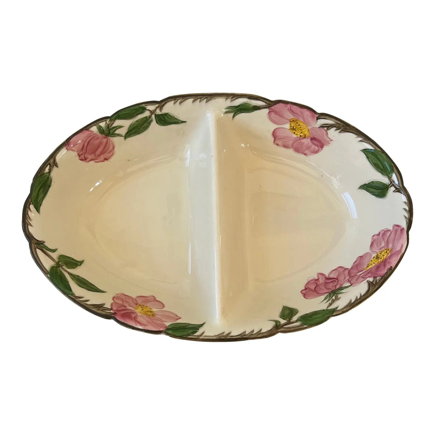 Franciscan Earthenware Pink & Green Floral, Oval Sectioned Serving Bowl - Oven Safe and Stamped