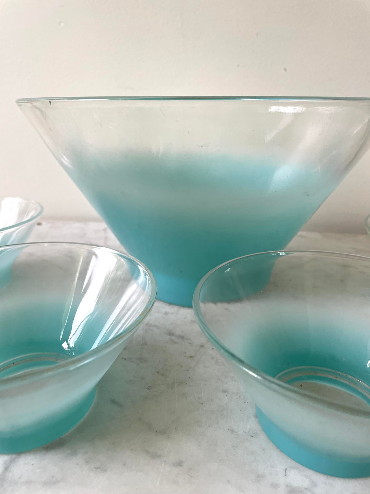 Mid Century Blendo Ombré Turquoise Glass Serving Bowl With 4 Small Side Bowls