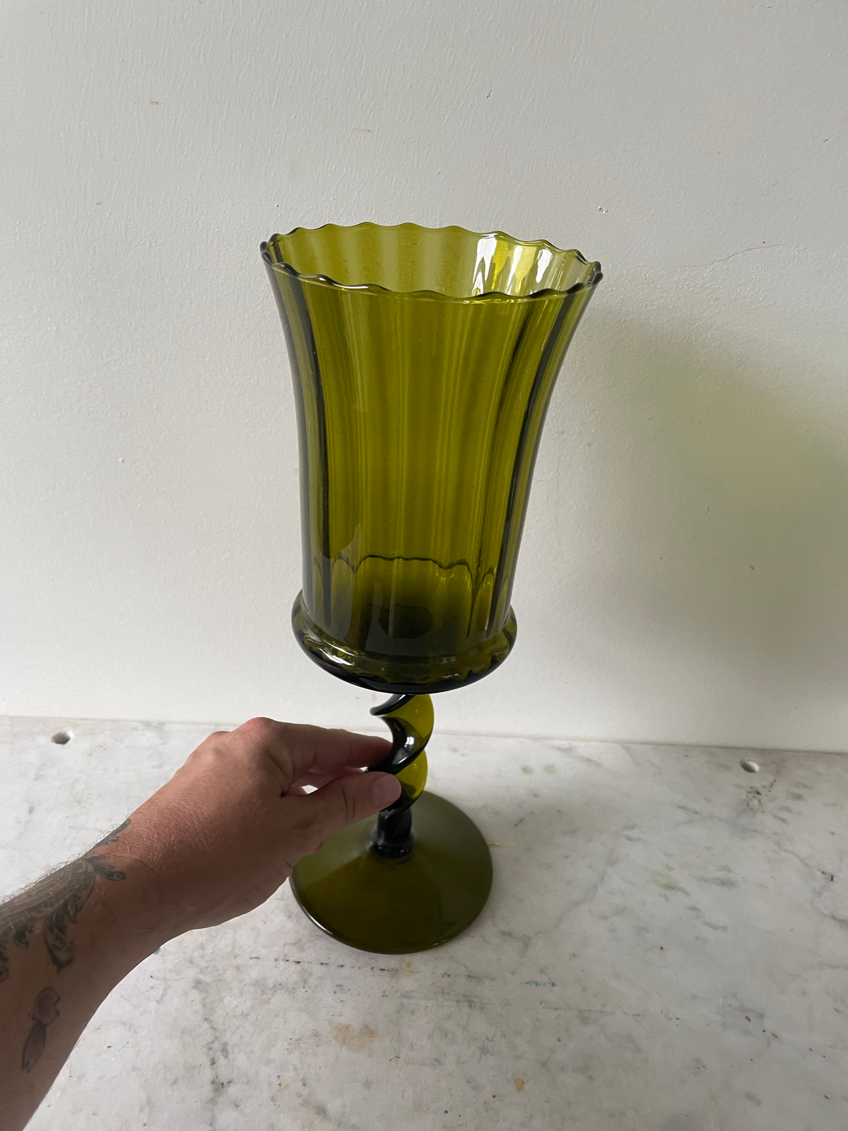 Empoli Green Glass Pedestal Vase Flared Avocado Twisted Stem