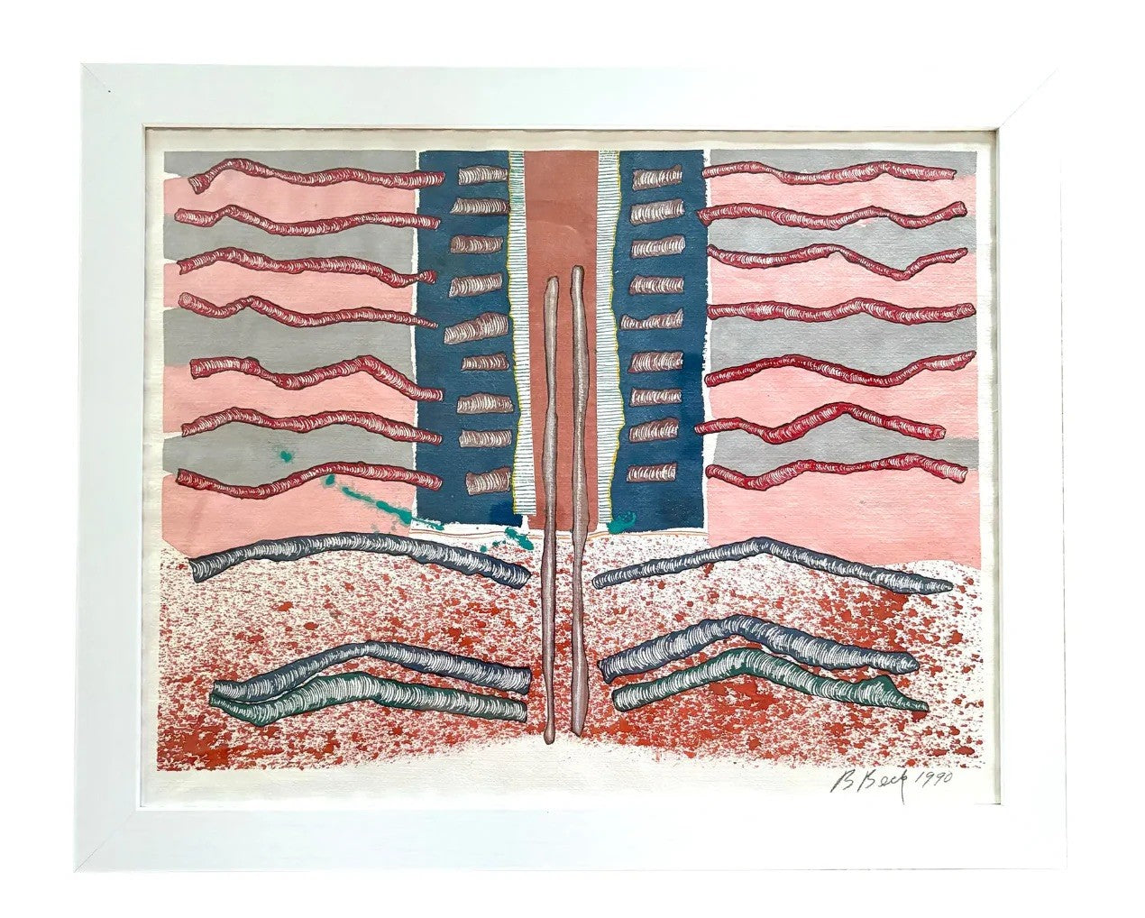 Barbara Beck 1990 Framed Abstract Watercolor Painting on Paper in White Wood Frame