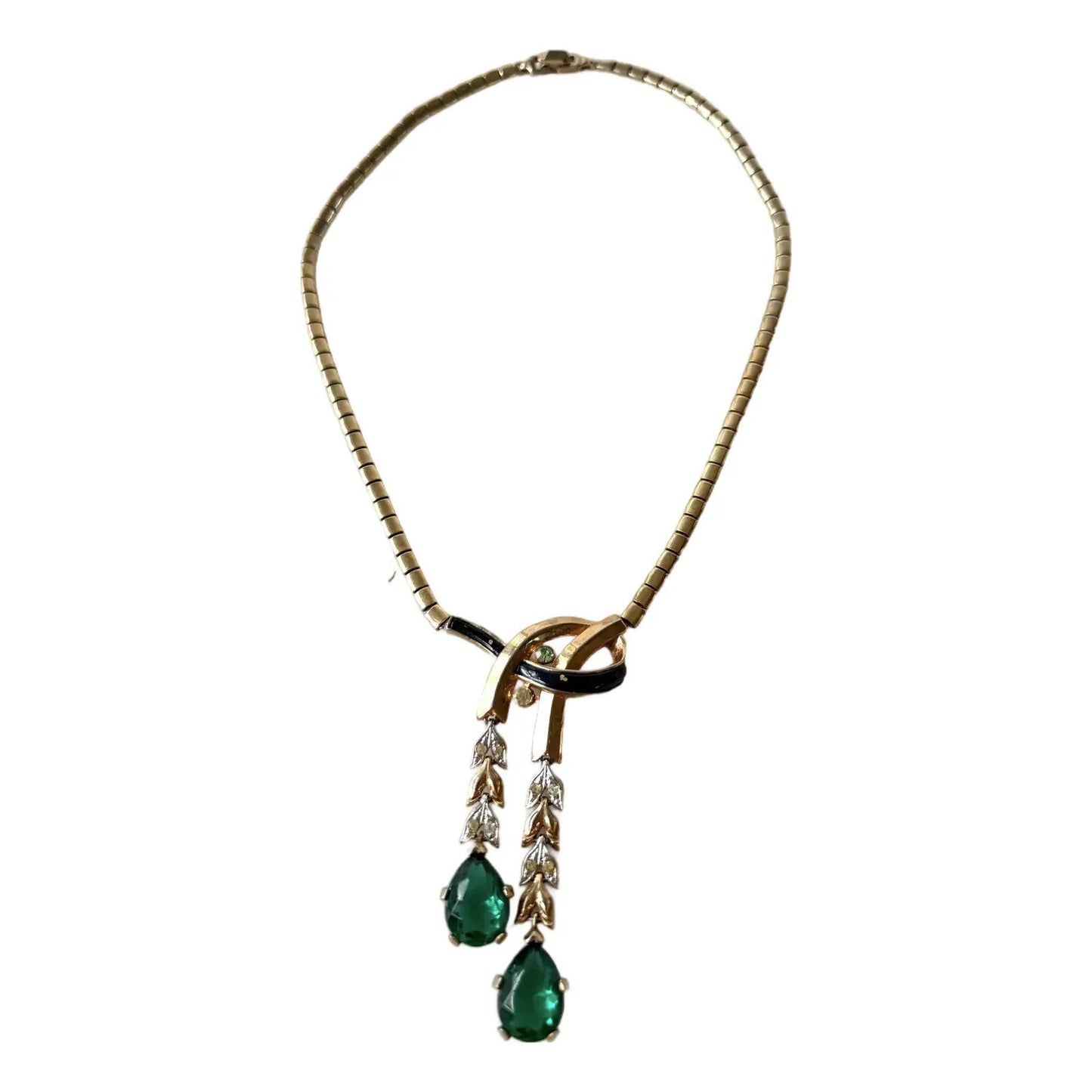 Vintage Crown Trifari Gold-Toned Emerald and Clear Rhinestone Necklace From 1949