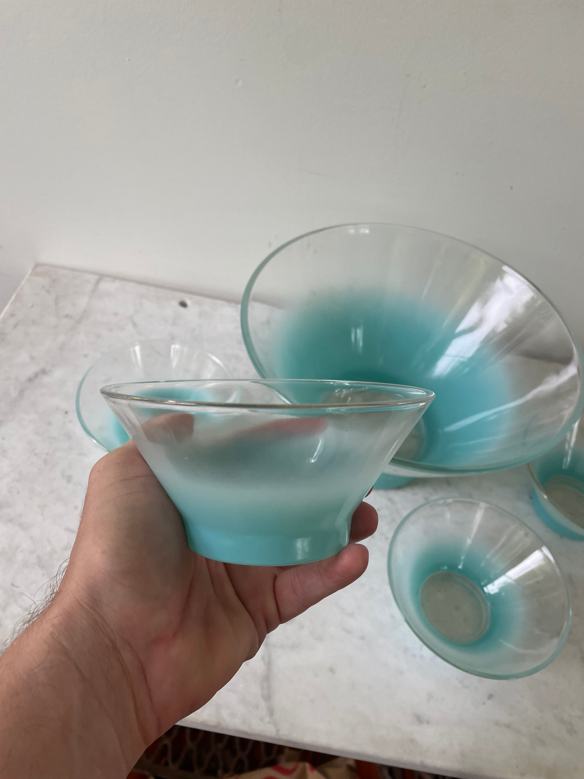 Mid Century Blendo Ombré Turquoise Glass Serving Bowl With 4 Small Side Bowls