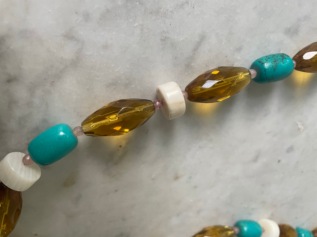 Turquoise, Amber Glass and White Coral Necklace Designed by Matthew Izzo