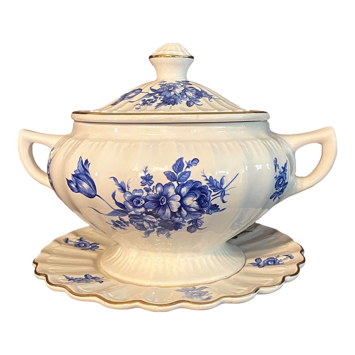 Blue and White Ceramic Soup Tureen With Lid and Dish
