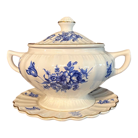 Blue and White Ceramic Soup Tureen With Lid and Dish