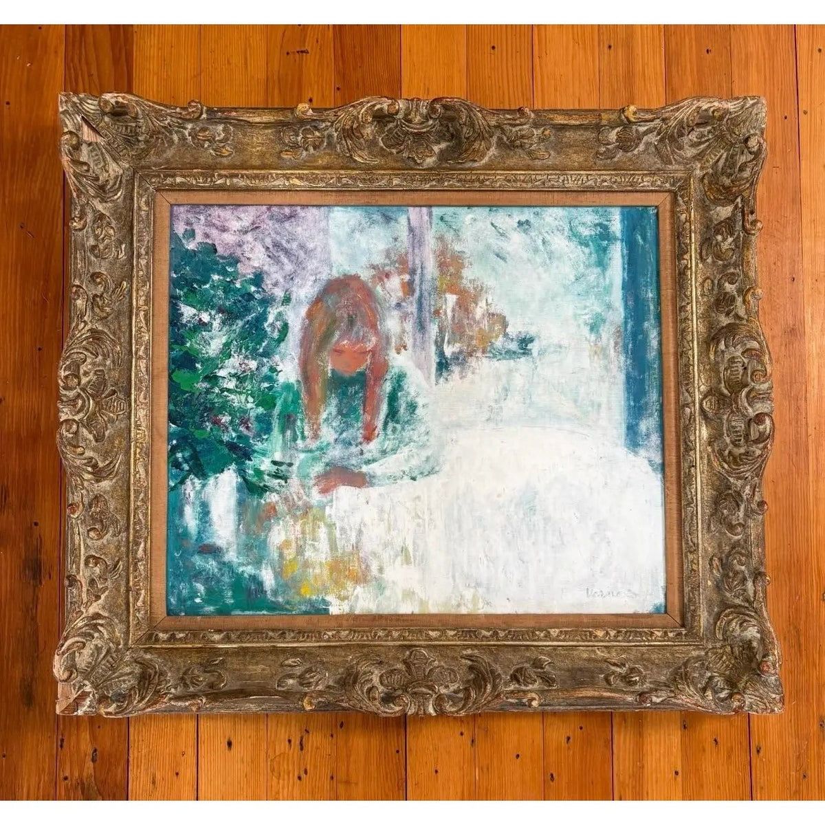 Antique French Impressionistic Painting on Canvas in Antique Wood Carved Frame