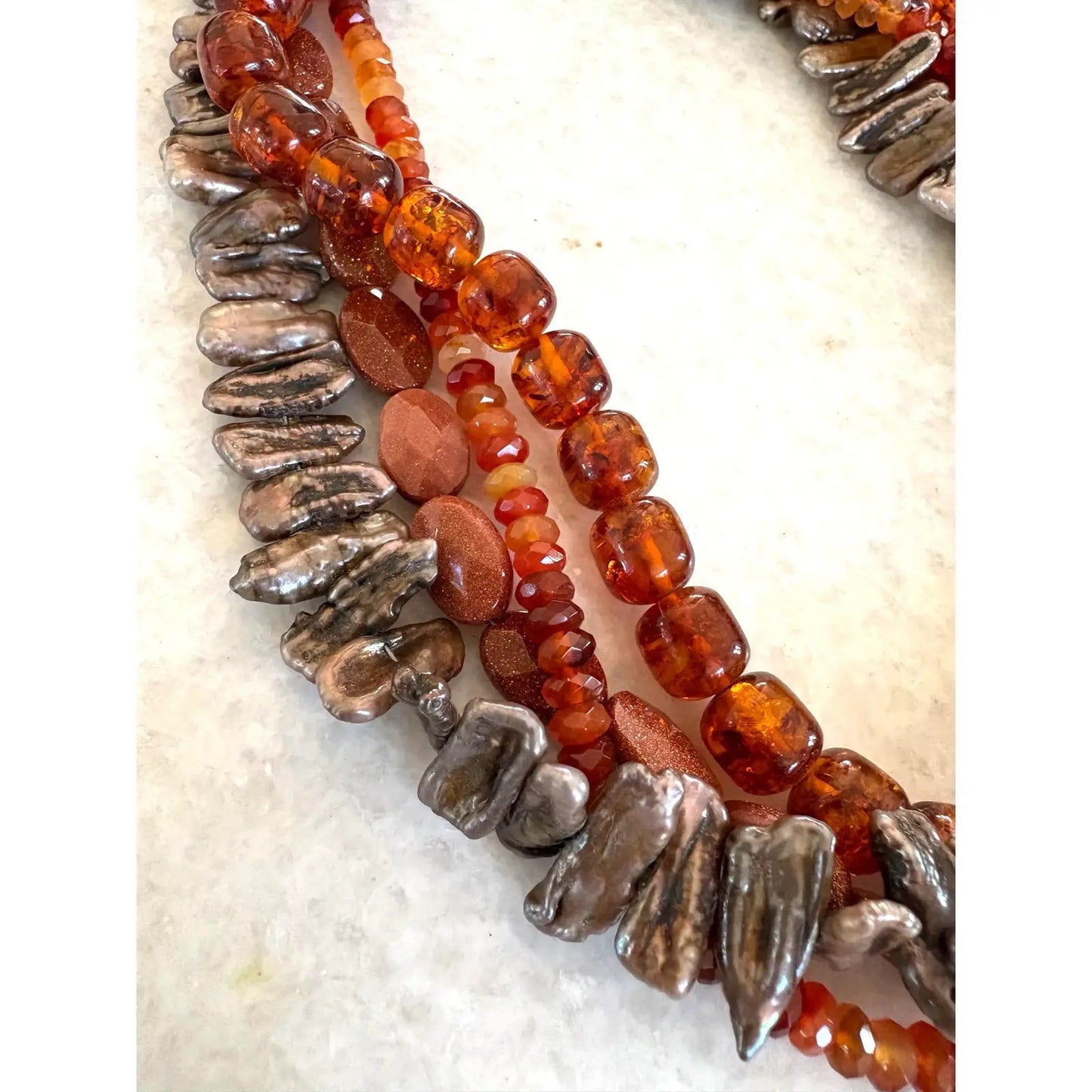 Vintage Multi-Strand Freshwater Pearls, Carnelian Amber, and Gold Tone Beaded Necklace