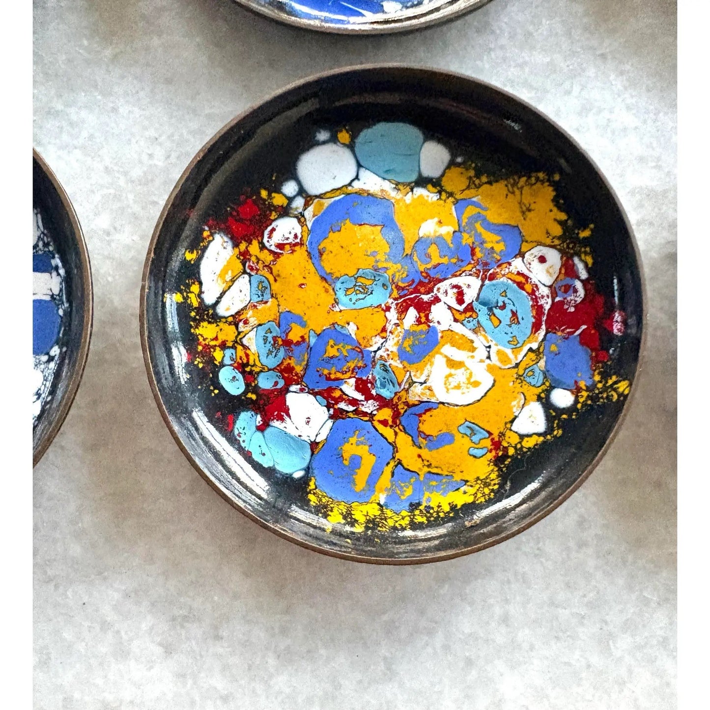 1970s MCM Copper With Enamel Painted Design Coasters, Set of 6