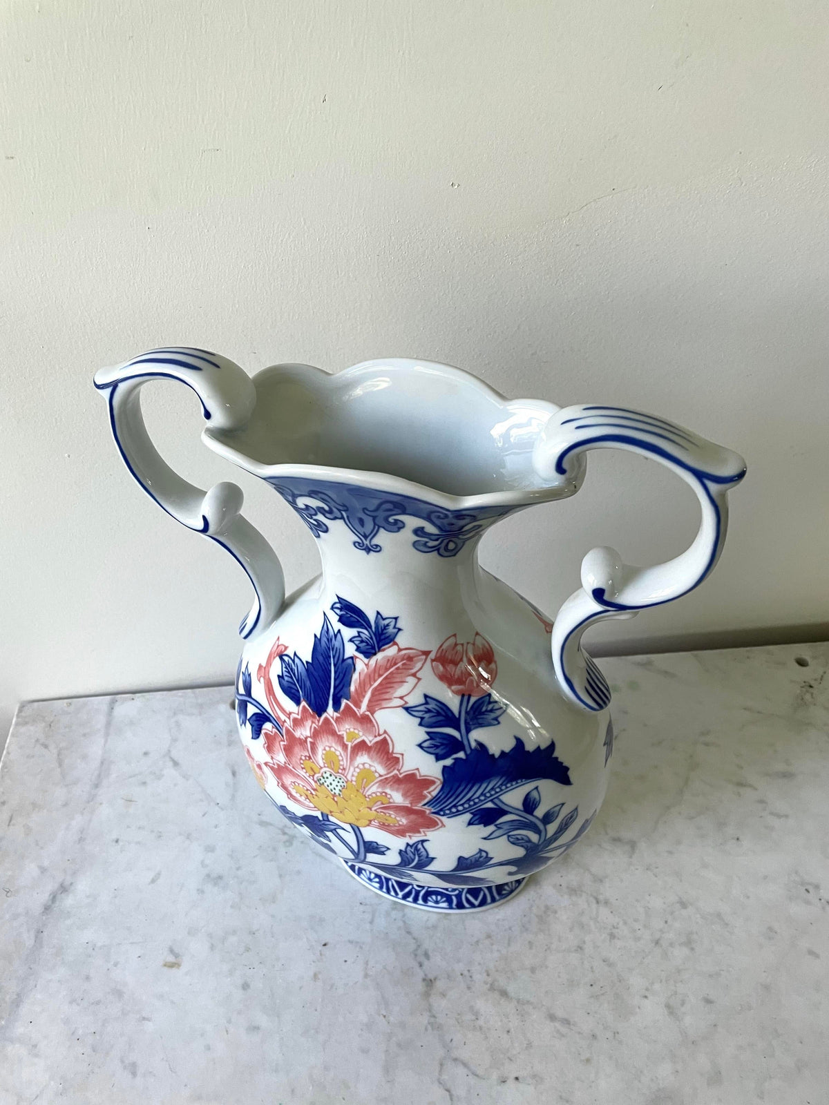 Porcelain Blue and White Chinoiserie Handle Vase