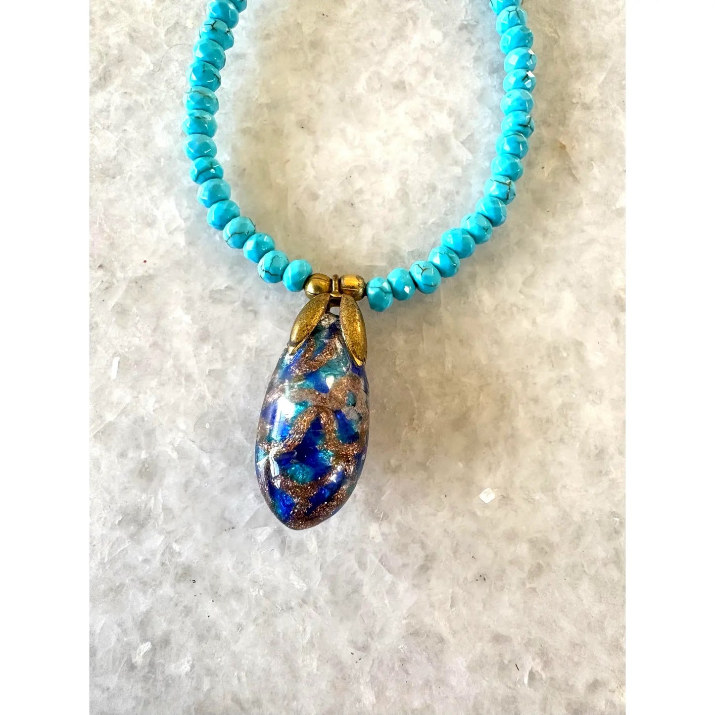 Turquoise Beaded Necklace With Vintage Hand Made Glass Chinese Pendant