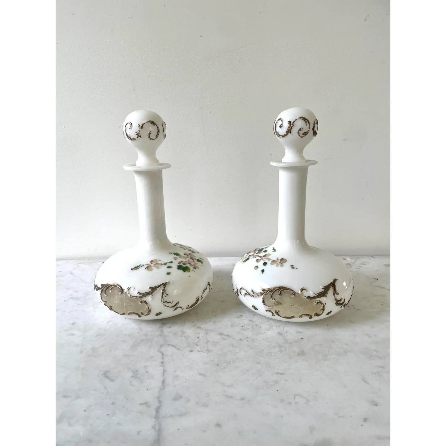 Pair of Victorian Milk Glass Decanters With Painted Flowers Design