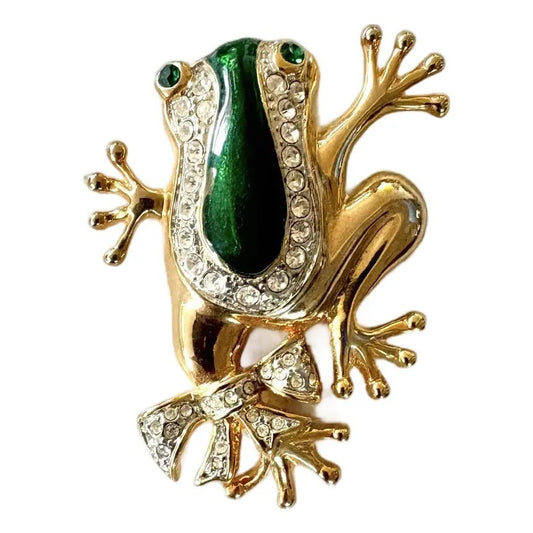 Broche de rana vintage dorado con pedrería