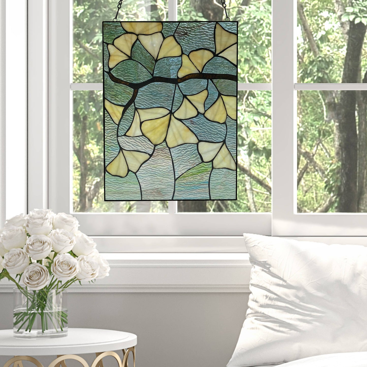 Stained Glass Robert Yellow Gingko Leaf Window Panel 17.5"H