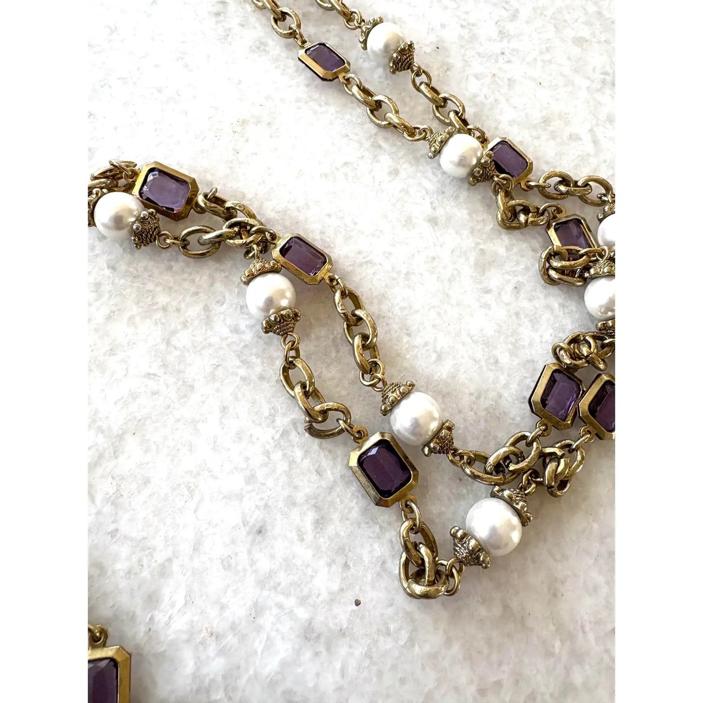 Amethyst, Pearl, and Brass Link and Chain Necklace