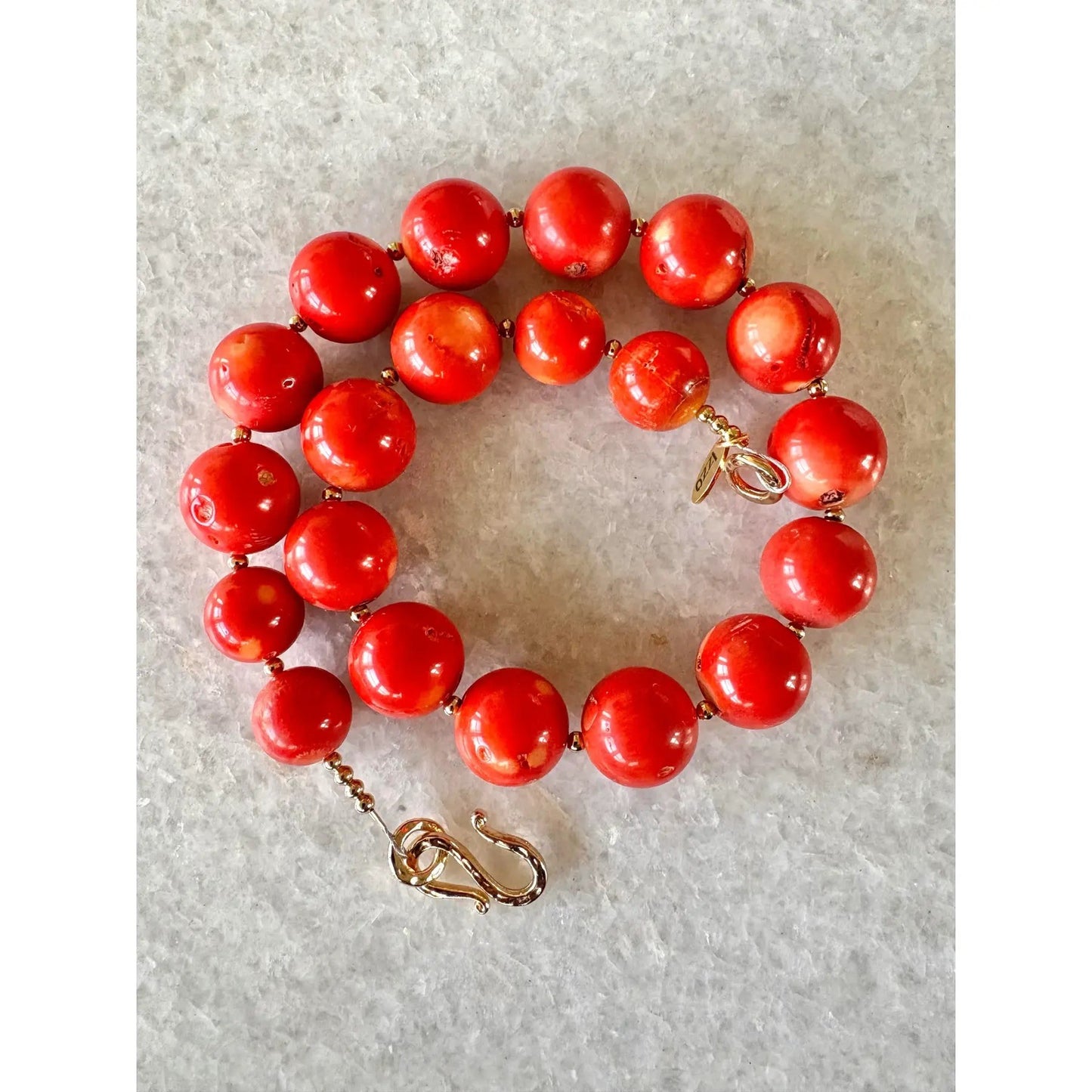 Coral Beaded Necklace With Gold Tone Spacers and Hook Clasp. 17” Designed by Matthew Izzo