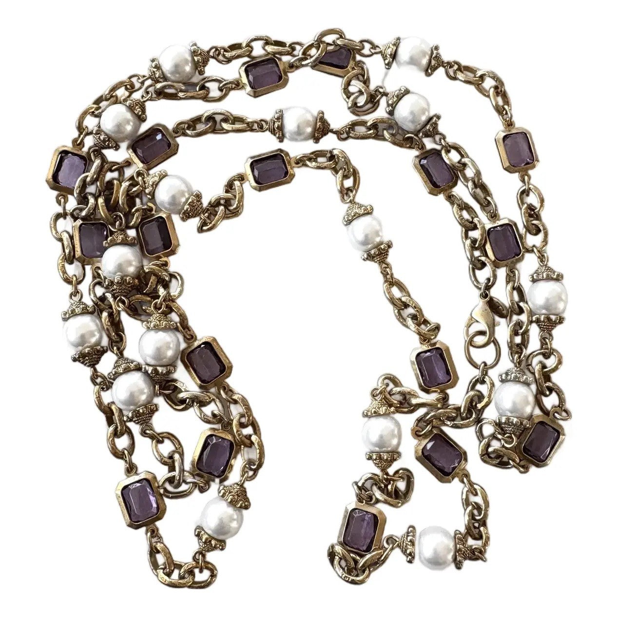 Amethyst, Pearl, and Brass Link and Chain Necklace