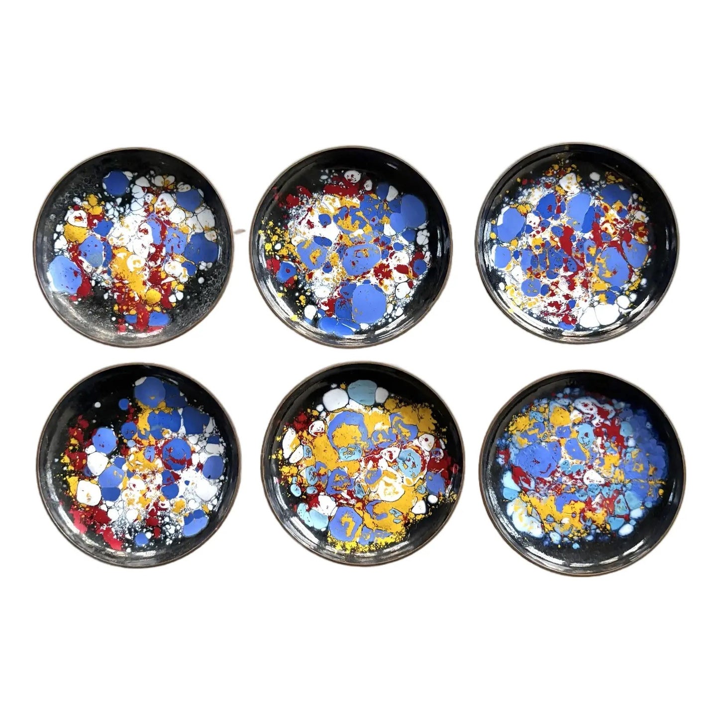 1970s MCM Copper With Enamel Painted Design Coasters, Set of 6