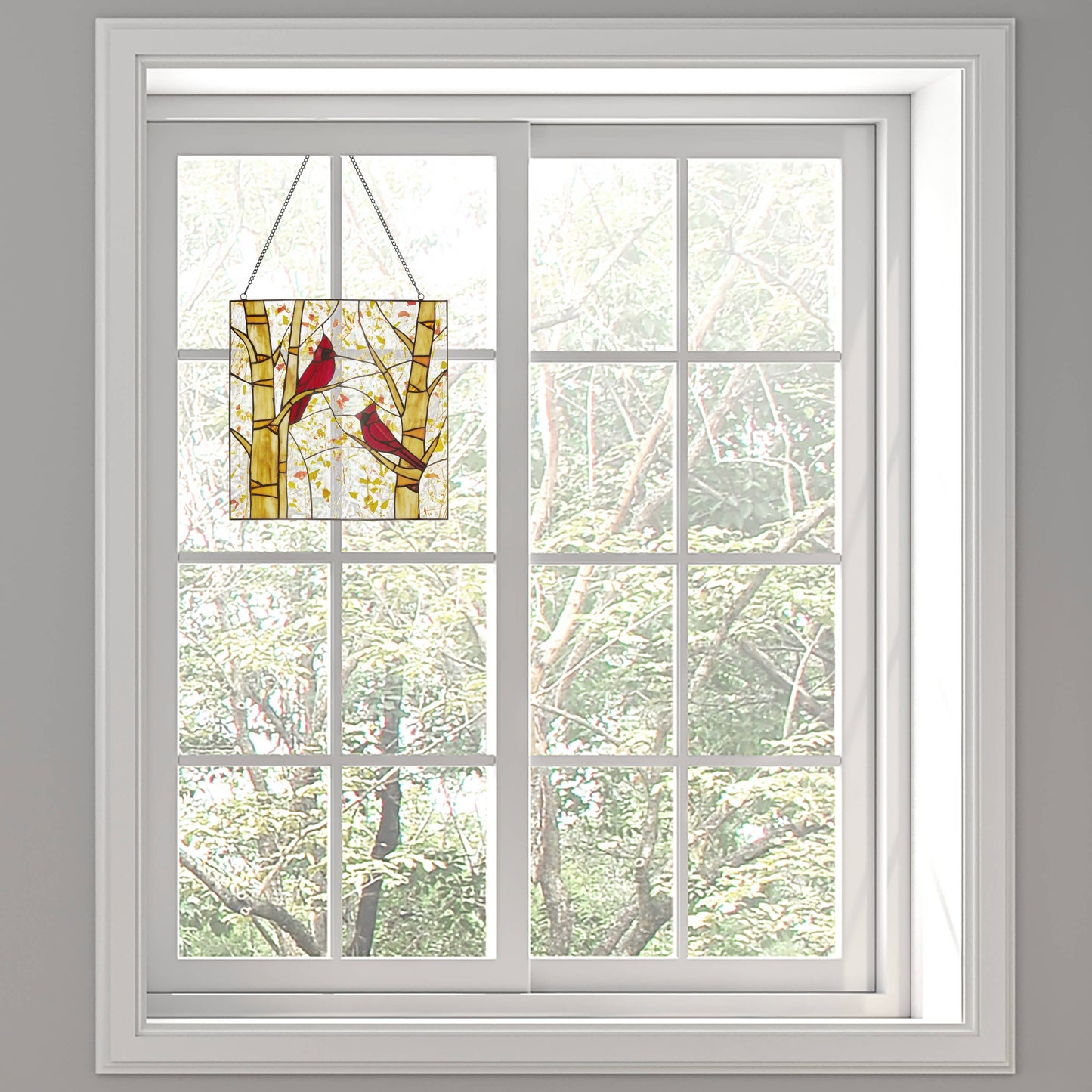 Vidrio emplomado - Panel de ventana Cardenales rojos del Edén en otoño de 14" de alto